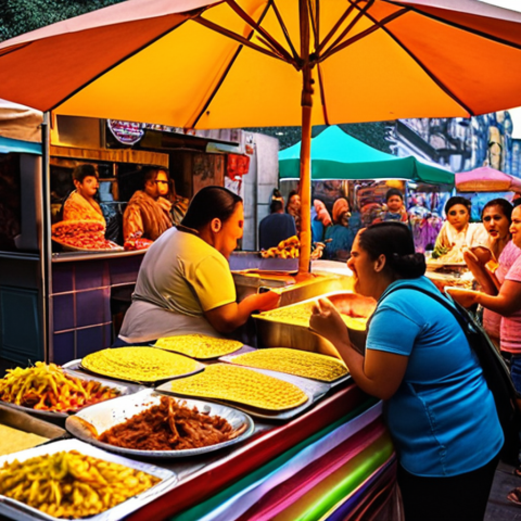 **A vibrant street food market in Mexico City at dusk, filled with colorful stalls selling tacos al pastor and elotes. Mariachi music is playing in the background, and people are laughing and enjoying the evening.** (Focuses on a familiar cultural scene with sensory details.)