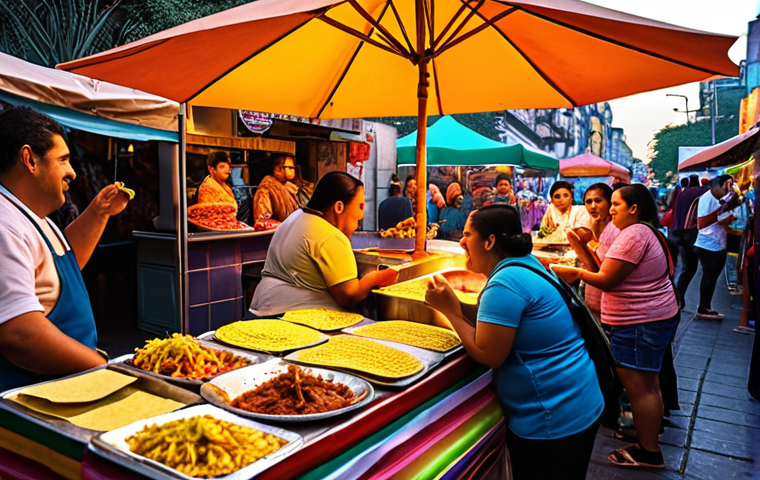 **A vibrant street food market in Mexico City at dusk, filled with colorful stalls selling tacos al pastor and elotes. Mariachi music is playing in the background, and people are laughing and enjoying the evening.** (Focuses on a familiar cultural scene with sensory details.)