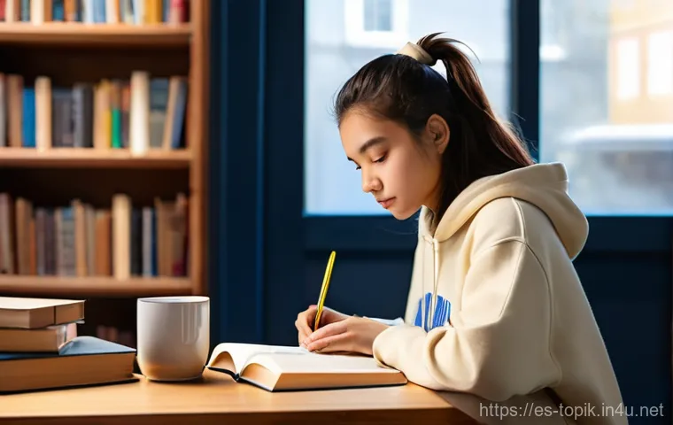 TOPIK 중급 응시자 팁 - **Prompt 1: Cozy Study Session**
    A young female student, aged around 17, is comfortably seated a...