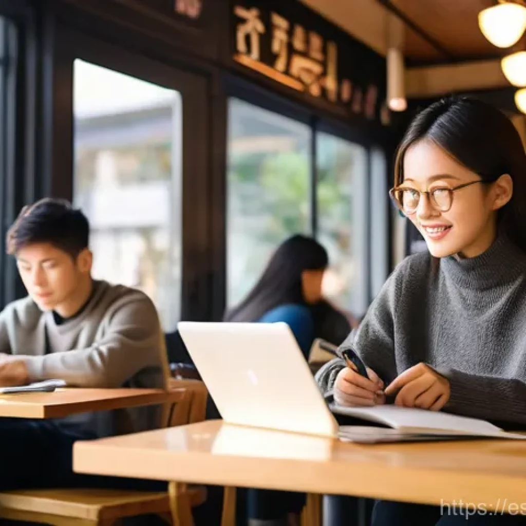 TOPIK 시험 난이도 분석 - **A Young Adult Studying Korean in a Cozy Cafe:** A bright and inviting cafe scene, featuring a youn...