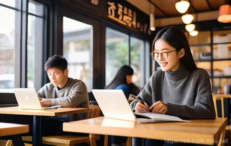 TOPIK 시험 난이도 분석 - **A Young Adult Studying Korean in a Cozy Cafe:** A bright and inviting cafe scene, featuring a youn...