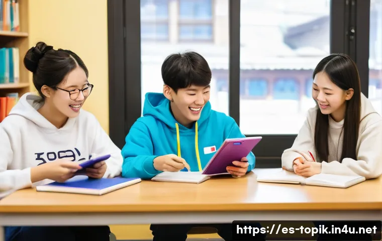 TOPIK 한국어 어휘 확장하는 법 - A vibrant scene featuring a diverse group of teenagers, aged between 15 and 17, actively engaged in ...
