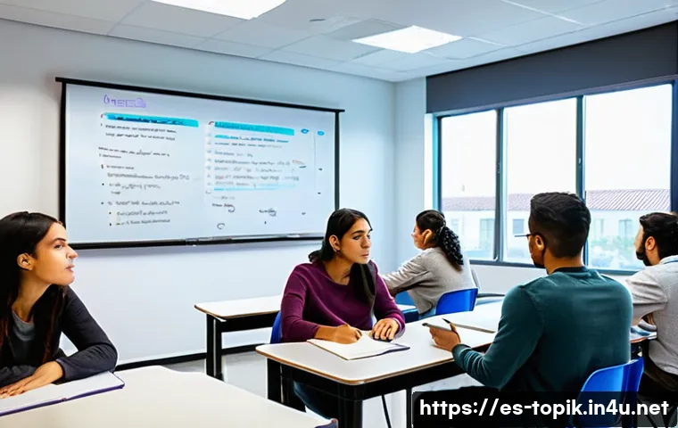 TOPIK 듣기 문제 유형 분석 - A modern classroom setting in a Spanish-speaking country, showing a diverse group of young adult stu...