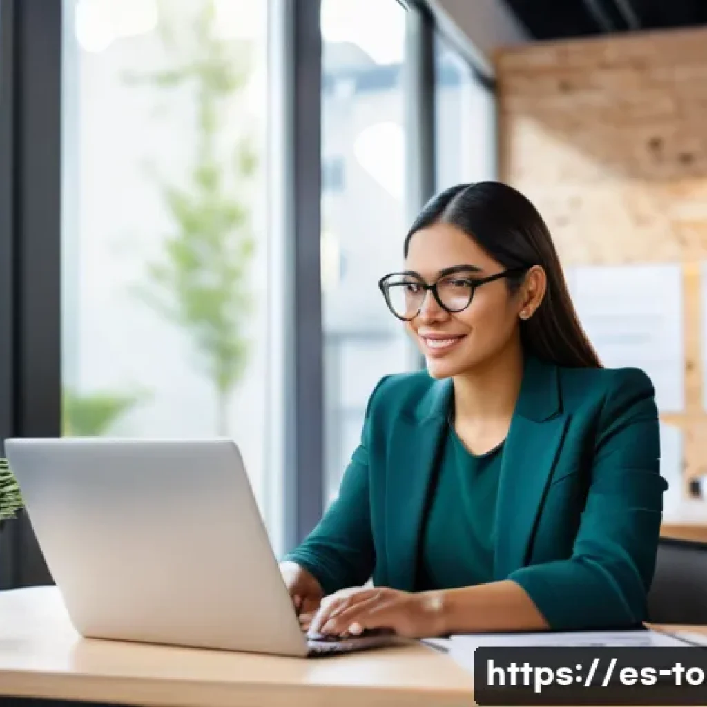 TOPIK 시험 후 취업 준비 체크리스트 - A professional young Hispanic woman in business casual attire sitting at a modern co-working space, ...