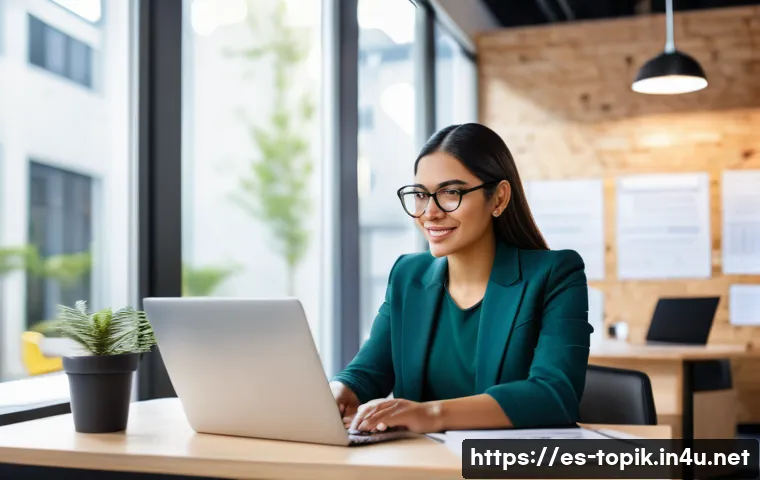 TOPIK 시험 후 취업 준비 체크리스트 - A professional young Hispanic woman in business casual attire sitting at a modern co-working space, ...