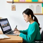 Home 22 TOPIK 초보자가 알아야 할 필수사항 - A cozy study corner in a modern Spanish apartment, featuring a young Hispanic woman in casual clothi...