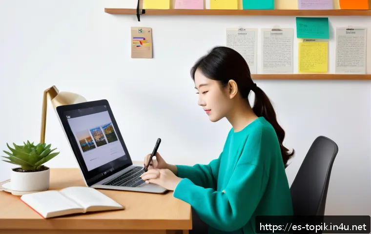 TOPIK 초보자가 알아야 할 필수사항 - A cozy study corner in a modern Spanish apartment, featuring a young Hispanic woman in casual clothi...