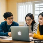 Home 21 TOPIK 준비생들의 커뮤니티 활용법 - A cozy online study group scene featuring diverse young adults from Spanish-speaking countries, inte...