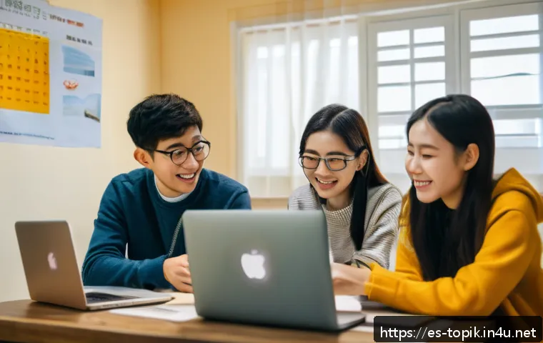 TOPIK 준비생들의 커뮤니티 활용법 - A cozy online study group scene featuring diverse young adults from Spanish-speaking countries, inte...