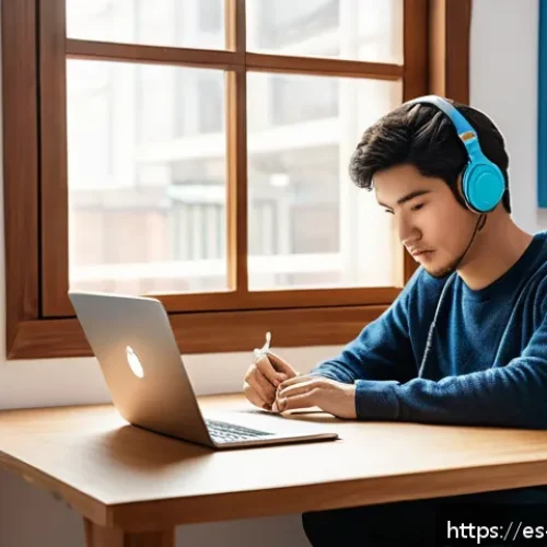Home 31 한국어능력시험 연습문제 모음 - A cozy study room scene showing a young Spanish-speaking adult sitting at a wooden desk near a windo...