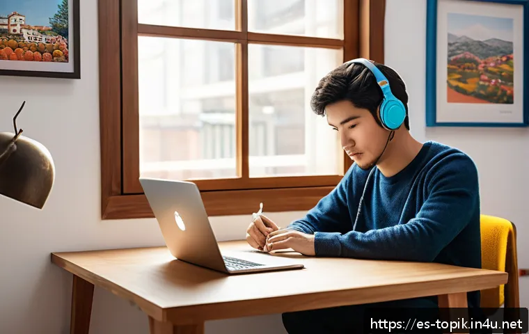 한국어능력시험 연습문제 모음 - A cozy study room scene showing a young Spanish-speaking adult sitting at a wooden desk near a windo...