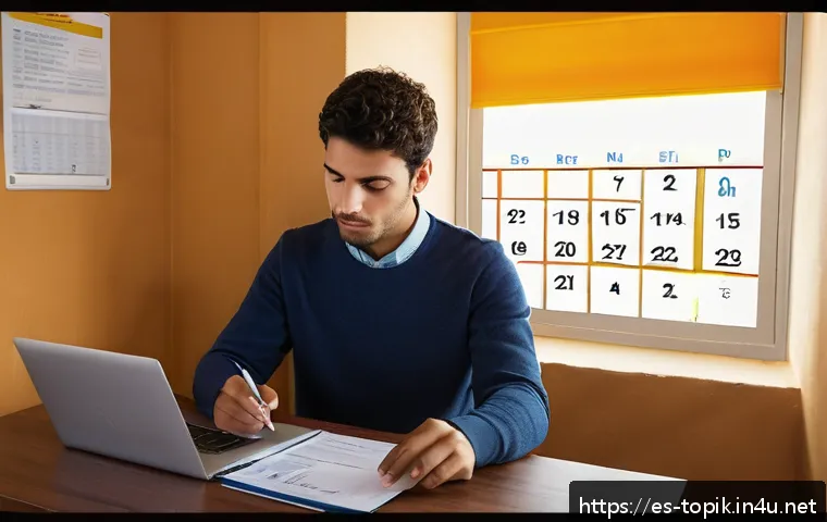 TOPIK 성적증명서 발급 방법 - A modern office scene in Spain showing a young adult carefully filling out a TOPIK certificate appli...