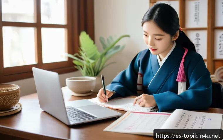 TOPIK 자격증으로 비자 발급 받는 법 - A professional-looking young Hispanic woman studying Korean language textbooks and TOPIK exam materi...